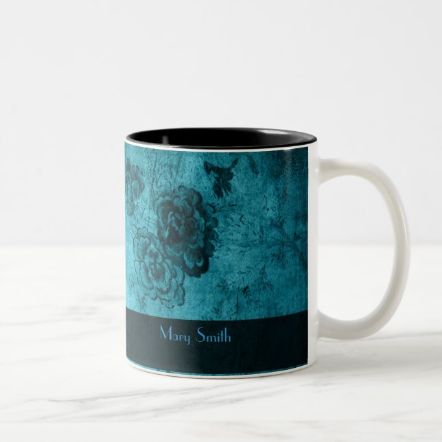 Blauer Vintager Blumenmuster-individueller Name Zweifarbige Tasse (Rechts)