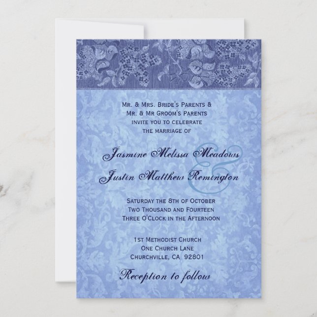 Blauer Vintager Damast Hochzeitsvorlage Einladung (Vorderseite)