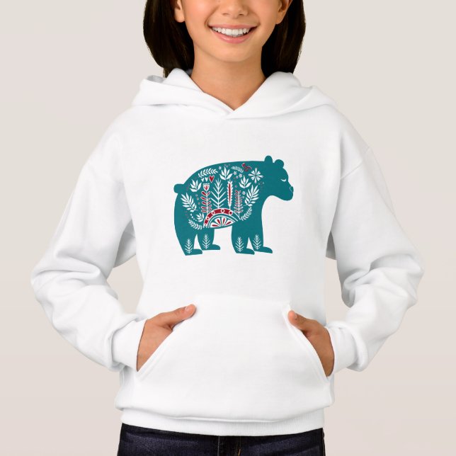 Blauer Vintager skandinavischer Blumenbär Hoodie (Vorderseite)