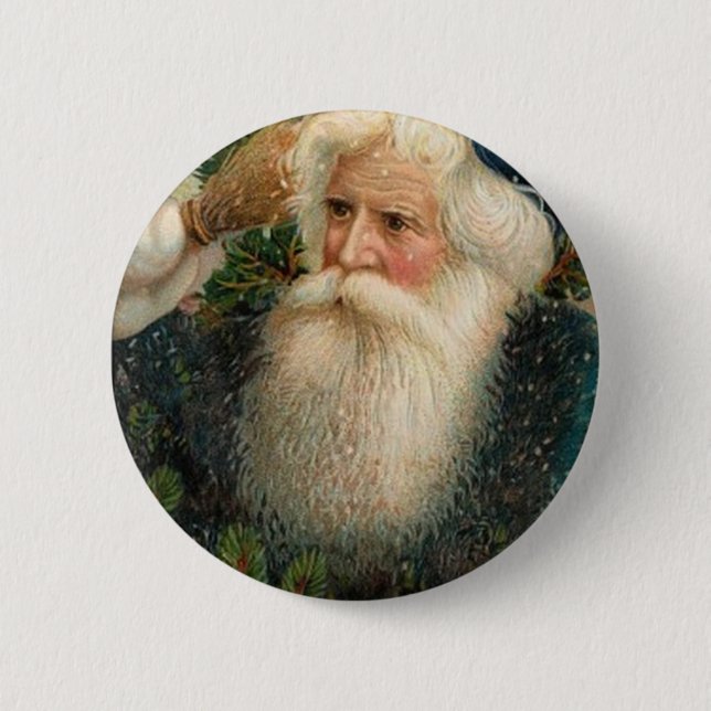 Blauer Vintager Weihnachtsmann und Schneeflocken Button (Vorderseite)