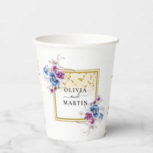 Blauer violette Blumen Gerahmter Hochzeitspapier-C Pappbecher