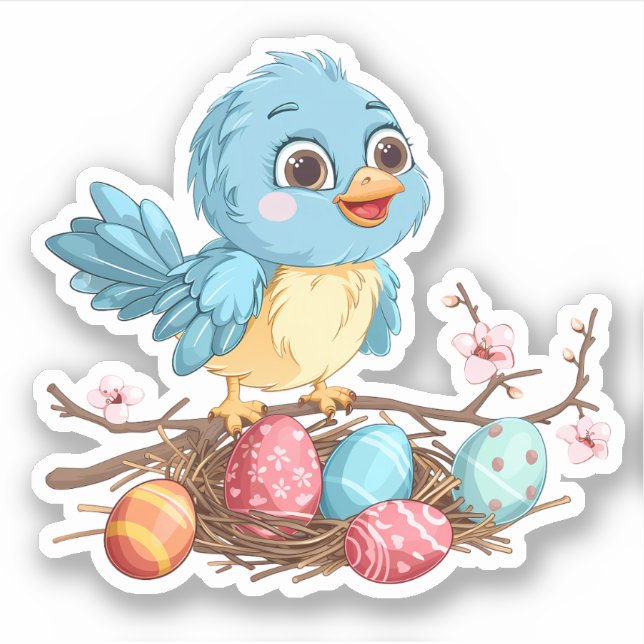 Blauer Vogel an einer Zweigstelle mit Ostereiern Aufkleber (Vorderseite)