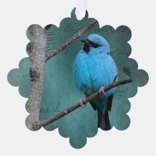 Blauer Vogel auf Ast Mixed Media Ornament Karte