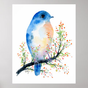 Blauer Vogel auf der Zweigstelle Berry Poster
