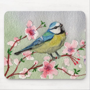 Blauer Vogel auf Kirschblossom Mousepad
