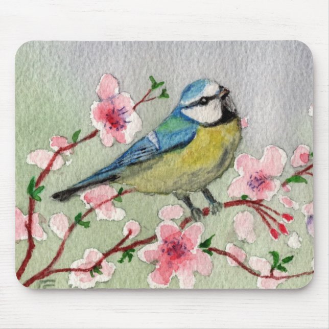 Blauer Vogel auf Kirschblossom Mousepad (Vorne)