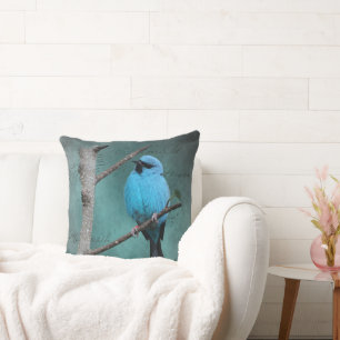 Blauer Vogel auf Zweig-Mixed-Medien Kissen