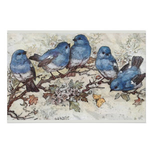 Blauer Vogel auf Zweig Schmetterling Vintage Natur Poster