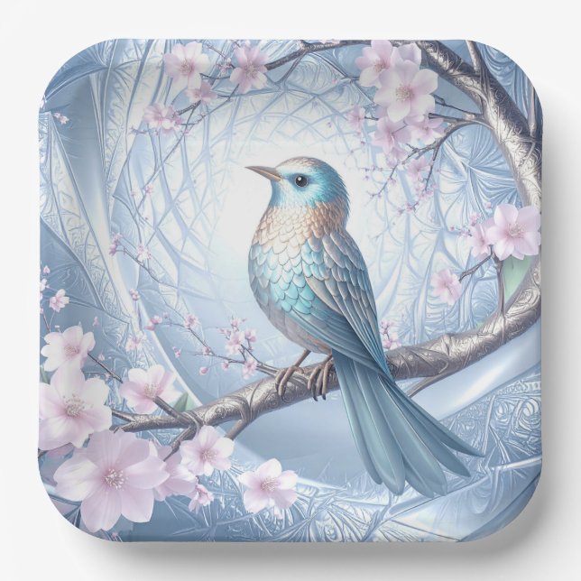 Blauer Vogel Blumen Papier Teller (Vorderseite)