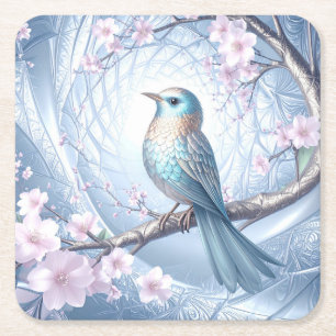 Blauer Vogel Blumen-Papiersetzer Rechteckiger Pappuntersetzer