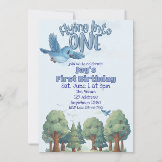 Blauer Vogel fliegt in Eins, 1. Geburtstag Einladung