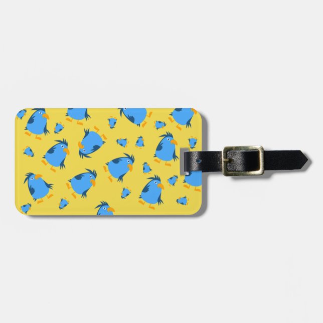 Blauer Vogel für Kinder durch Schaufenster. Gepäckanhänger (Vorderseite horizontal)