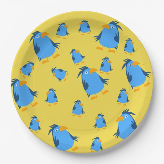 Blauer Vogel für Kinder durch Schaufenster. Pappteller (Vorderseite)