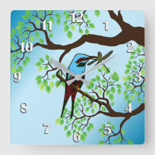Blauer Vogel im Baum-blauen Himmel Quadratische Wanduhr