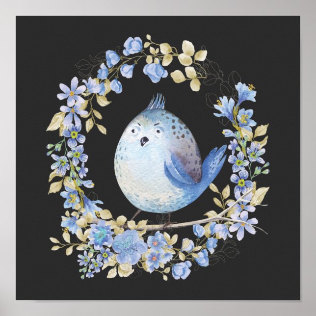 Blauer Vogel im Blumenkranz Poster (Vorne)
