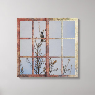 Blauer Vogel im Fenster Leinwanddruck