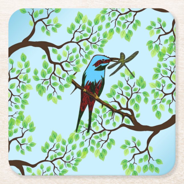 Blauer Vogel in Bäumen Rechteckiger Pappuntersetzer (Vorderseite)