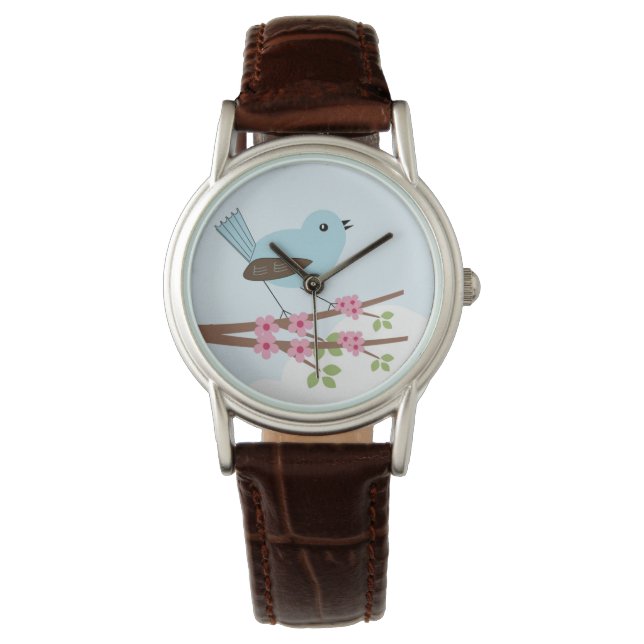 Blauer Vogel in Blossom Tree Niedlich Armbanduhr (Vorderseite)