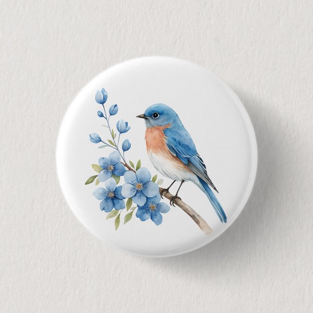 Blauer Vogel mit blauen Blumen Button (Vorderseite)