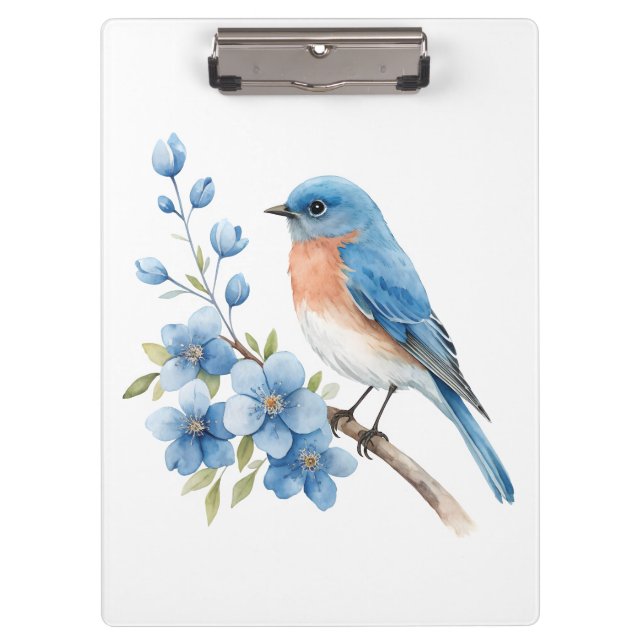 Blauer Vogel mit blauen Blumen Klemmbrett (Vorderseite)