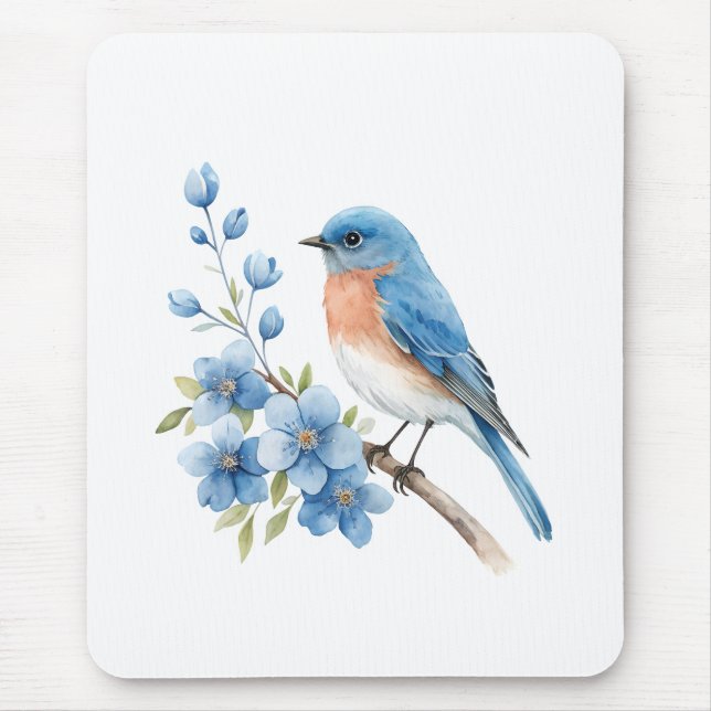 Blauer Vogel mit blauen Blumen Mousepad (Vorne)