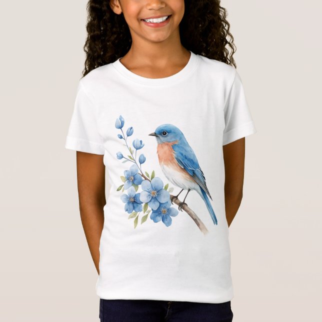 Blauer Vogel mit blauen Blumen T-Shirt (Vorderseite)