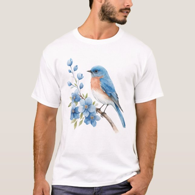 Blauer Vogel mit blauen Blumen T-Shirt (Vorderseite)