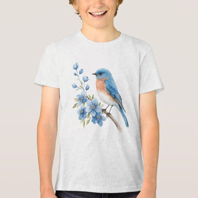Blauer Vogel mit blauen Blumen Tri-Blend Shirt (Vorderseite)