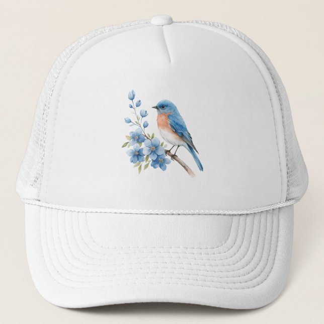 Blauer Vogel mit blauen Blumen Truckerkappe (Vorderseite)