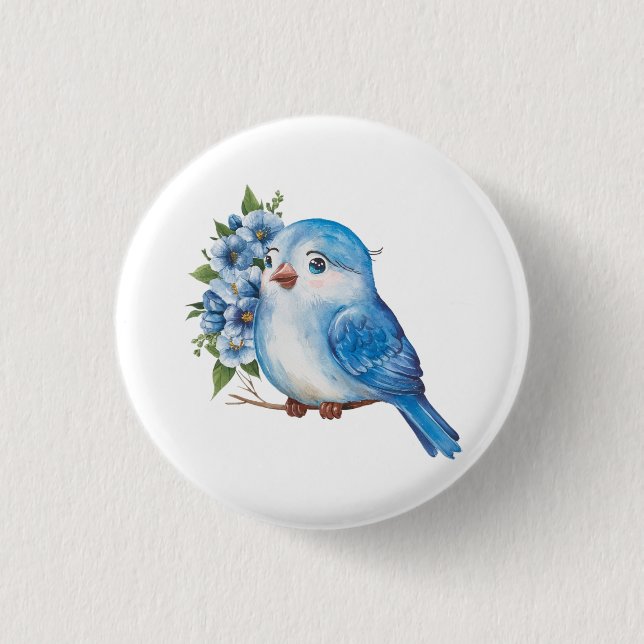 Blauer Vogel mit Blume Button (Vorderseite)