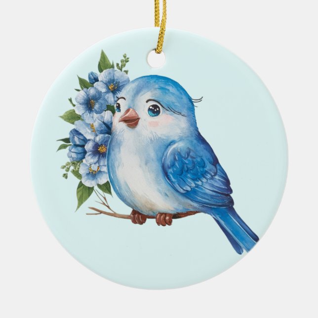 Blauer Vogel mit Blume Keramik Ornament (Vorne)