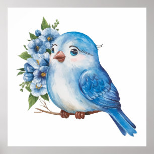Blauer Vogel mit Blume Poster