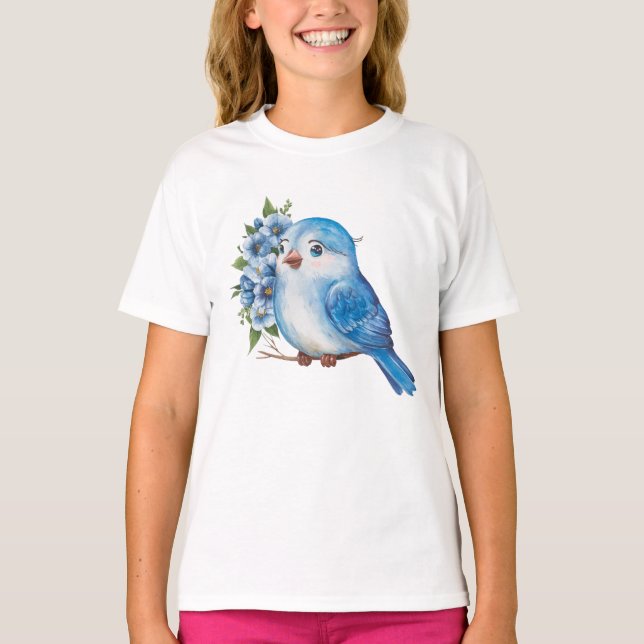 Blauer Vogel mit Blume T-Shirt (Vorderseite)