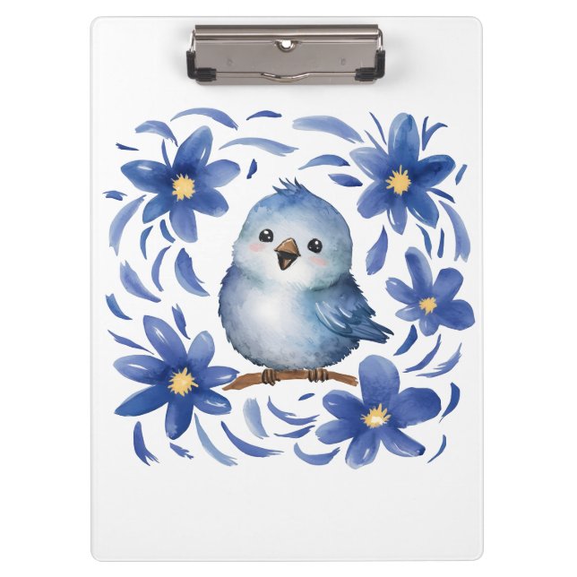 Blauer Vogel mit Blumen Klemmbrett (Vorderseite)