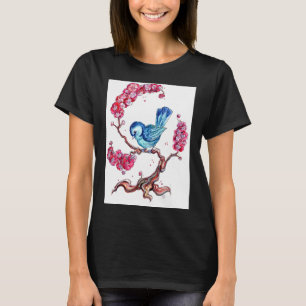Blauer Vogel mit Kirschblüten T-Shirt