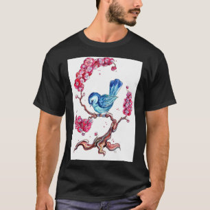 Blauer Vogel mit Kirschblüten T-Shirt
