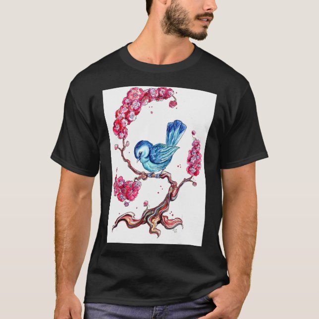 Blauer Vogel mit Kirschblüten T-Shirt (Vorderseite)