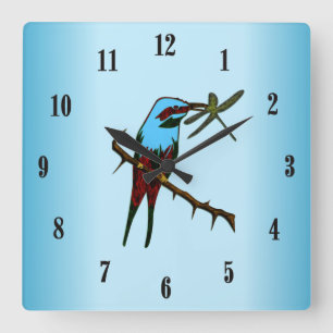 Blauer Vogel mit schwarzen Zahlen Quadratische Wanduhr