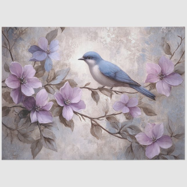 Blauer Vogel mit violetten Blumen Decoupage Seidenpapier (Vorderseite)