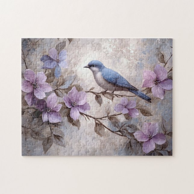 Blauer Vogel mit violetten Blumen Puzzle (Horizontal)