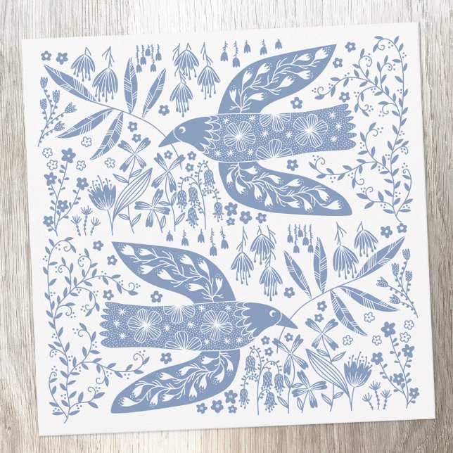 Blauer Vogel Mitteilungskarte (Blue and white peace doves note card)