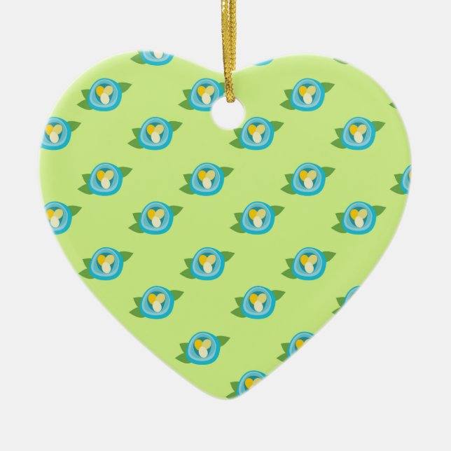 Blauer Vogel Nester farbenfrohe Eier Grüne Blätter Keramik Ornament (Vorne)