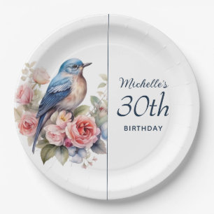Blauer Vogel rosa Blumen 30. Geburtstag Pappteller