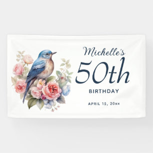 Blauer Vogel Rosa Blumen 50. Geburtstag  Banner