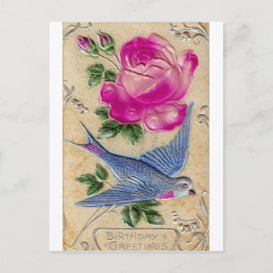 Blauer Vogel Rosa Rose Postkarte