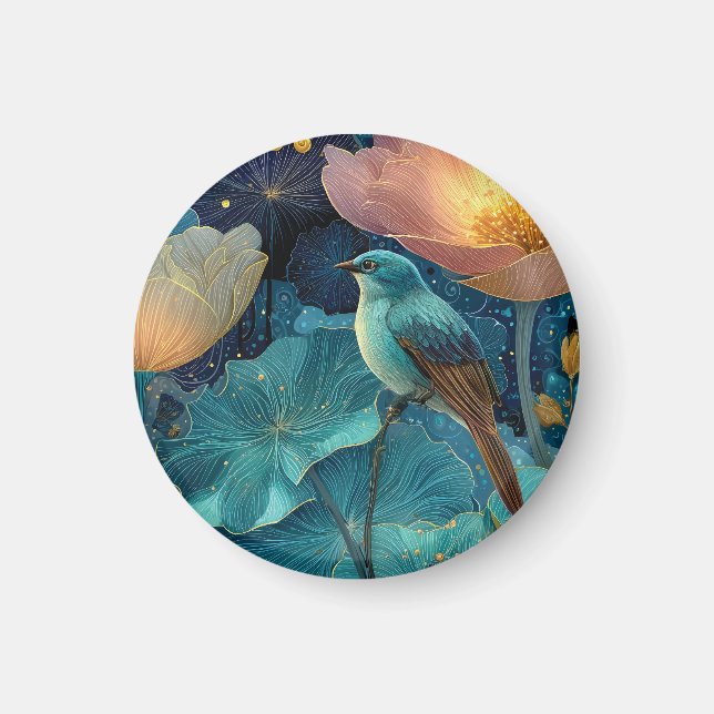 Blauer Vogel sitzt zwischen leuchtenden Blumen Magnet (Vorne)