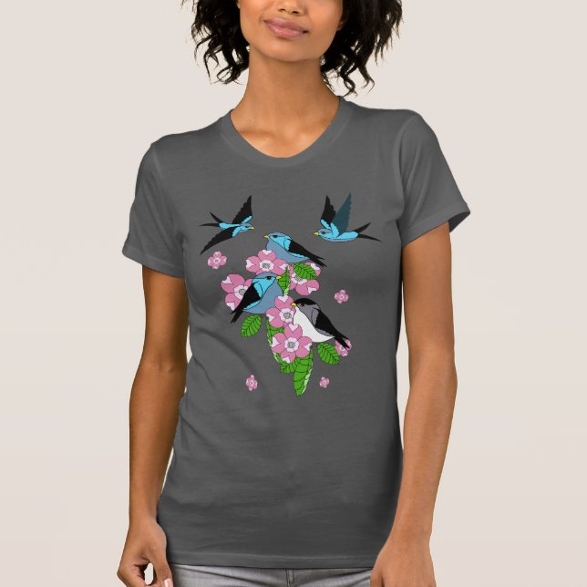 Blauer Vogel und Dogwood-Folkloreblüten/Frühlingsb T-Shirt (Vorderseite)