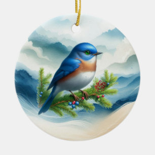 Blauer Vogel und festliche Zweige Keramik Ornament
