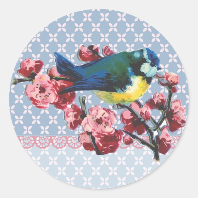 Blauer Vogel und Kirschblossom Runder Aufkleber (Vorderseite)