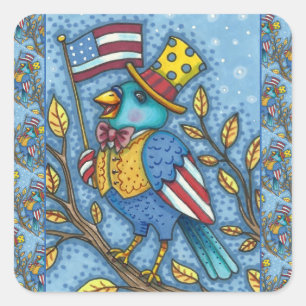 BLAUER VOGEL ZUM VIERTER JULI, AMERIKANISCHE FLAGG QUADRATISCHER AUFKLEBER